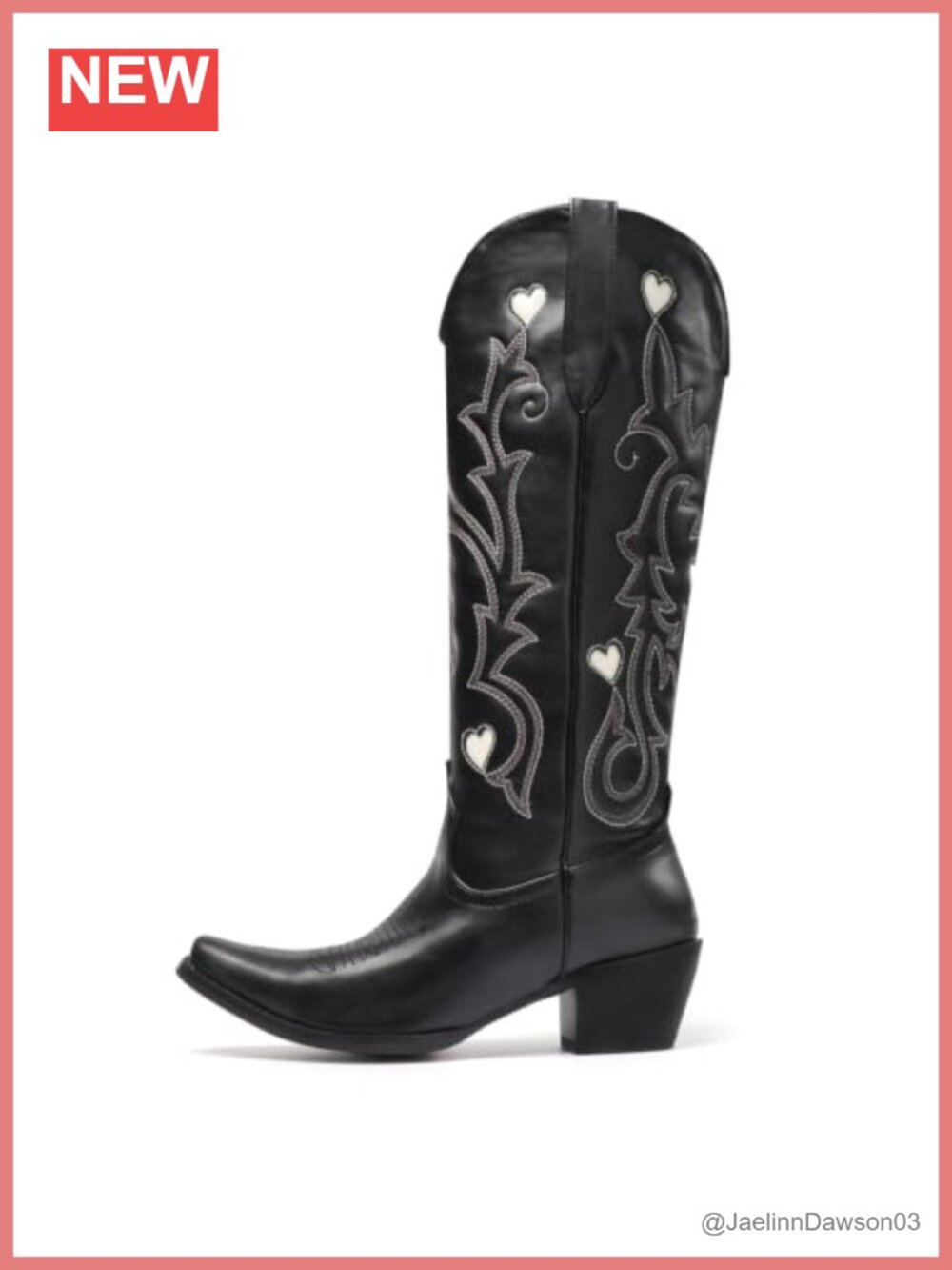 Knee High Cowboy Boots with Heart Embroidery Pointed Toe Chunky Hee